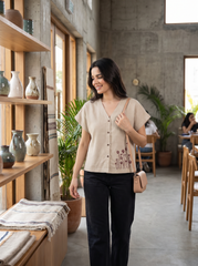 Beige Embroidered V-Neck Top