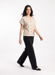 Beige Embroidered V-Neck Top