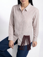 Beige Striped Collared Full Sleeve Shirt