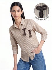 Beige Striped Collared Full Sleeve Shirt with Bow Detail