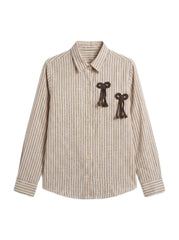 Beige Striped Collared Full Sleeve Shirt with Bow Detail