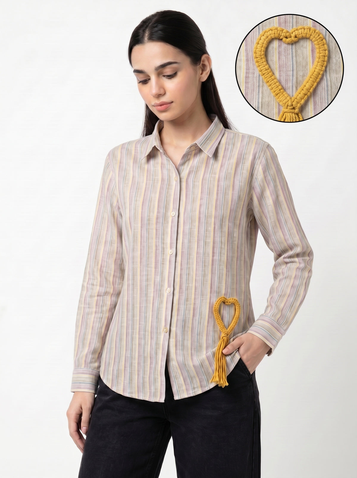 Beige Pastel Striped Collared Full Sleeve Shirt