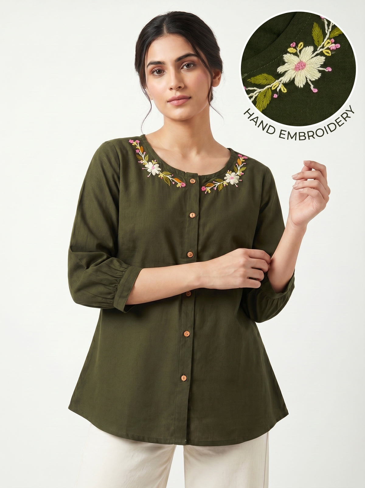 Olive Green Floral Embroidered Round Neck Cotton Top