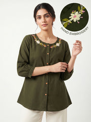 Olive Green Floral Embroidered Round Neck Cotton Top