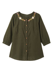 Olive Green Floral Embroidered Round Neck Cotton Top