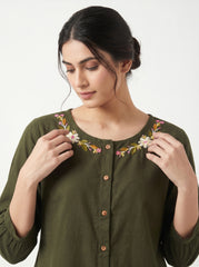 Olive Green Floral Embroidered Round Neck Cotton Top
