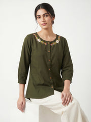 Olive Green Floral Embroidered Round Neck Cotton Top