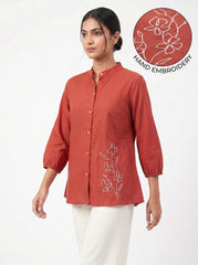 Rust Floral Embroidered Mandarin Neck Full Sleeve Cotton Top