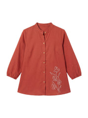 Rust Floral Embroidered Mandarin Neck Full Sleeve Cotton Top