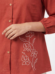 Rust Floral Embroidered Mandarin Neck Full Sleeve Cotton Top