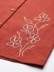 Rust Floral Embroidered Mandarin Neck Full Sleeve Cotton Top