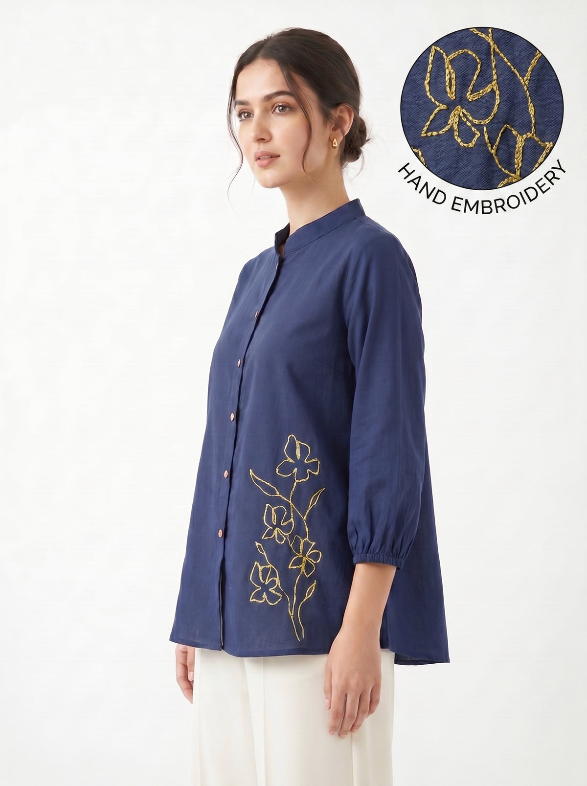 Navy Blue Floral Embroidered Mandarin Neck Cotton Top