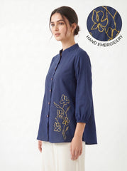 Navy Blue Floral Embroidered Mandarin Neck Cotton Top
