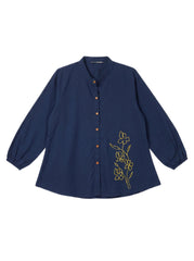 Navy Blue Floral Embroidered Mandarin Neck Cotton Top