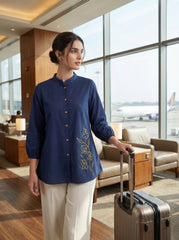 Navy Blue Floral Embroidered Mandarin Neck Cotton Top