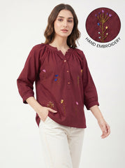 Maroon Floral Embroidered Gathered Neck Cotton Top