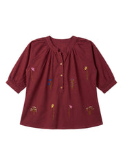 Maroon Floral Embroidered Gathered Neck Cotton Top
