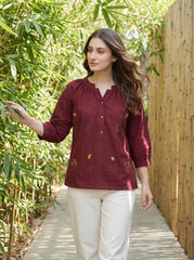 Maroon Floral Embroidered Gathered Neck Cotton Top