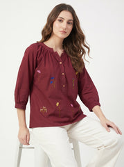 Maroon Floral Embroidered Gathered Neck Cotton Top