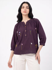 Purple Floral Embroidered Gathered Neck Cotton Top