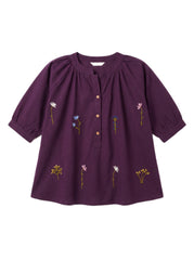 Purple Floral Embroidered Gathered Neck Cotton Top