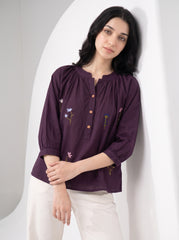 Purple Floral Embroidered Gathered Neck Cotton Top