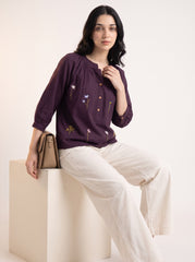 Purple Floral Embroidered Gathered Neck Cotton Top