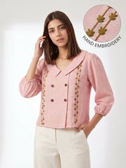 Pink Embroidered Peter Pan Collar Puff Sleeve Cotton Top