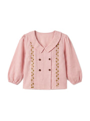 Pink Embroidered Peter Pan Collar Puff Sleeve Cotton Top
