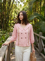 Pink Embroidered Peter Pan Collar Puff Sleeve Cotton Top