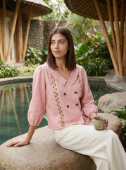 Pink Embroidered Peter Pan Collar Puff Sleeve Cotton Top
