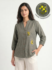 Sage Green Floral Embroidered Mandarin Neck Cotton Top