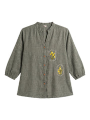 Sage Green Floral Embroidered Mandarin Neck Cotton Top