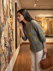 Sage Green Floral Embroidered Mandarin Neck Cotton Top