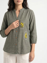 Sage Green Floral Embroidered Mandarin Neck Cotton Top