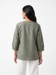 Sage Leaf Embroidered Split-Neck Top