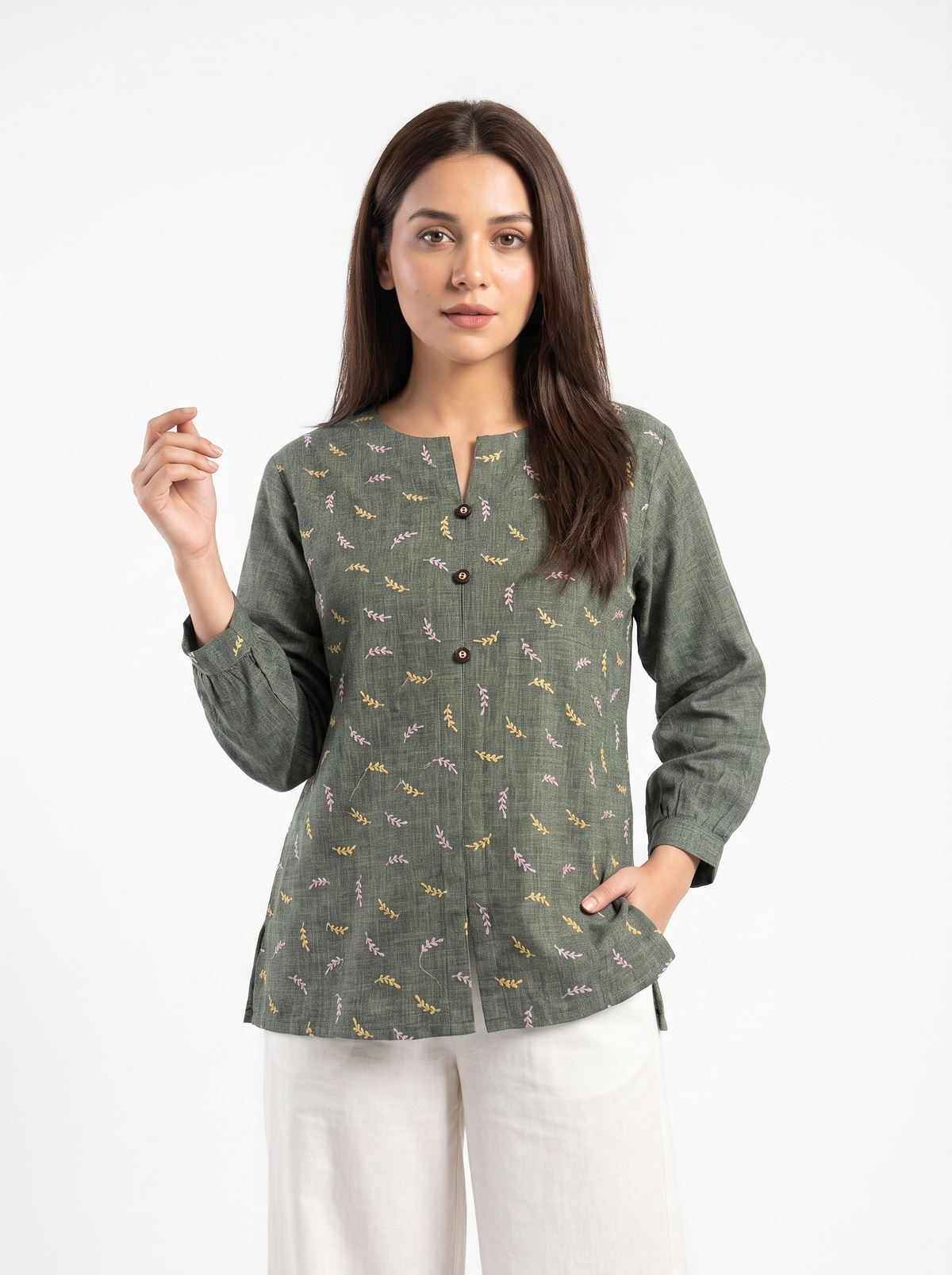 Sage Leaf Embroidered Split-Neck Top