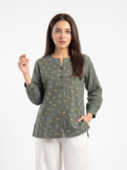 Sage Leaf Embroidered Split-Neck Top