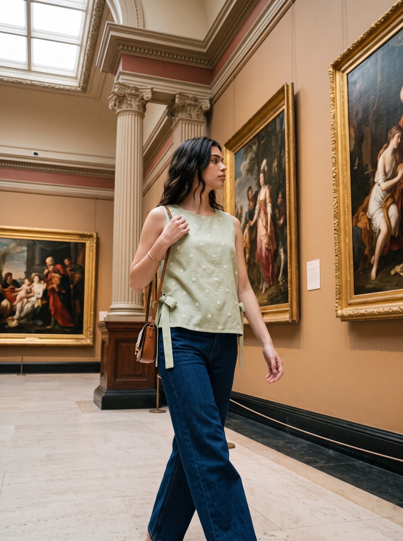 A woman walks through an art gallery wearing a light sage green sleeveless top with a side tie and dark blue wide-leg jeans.