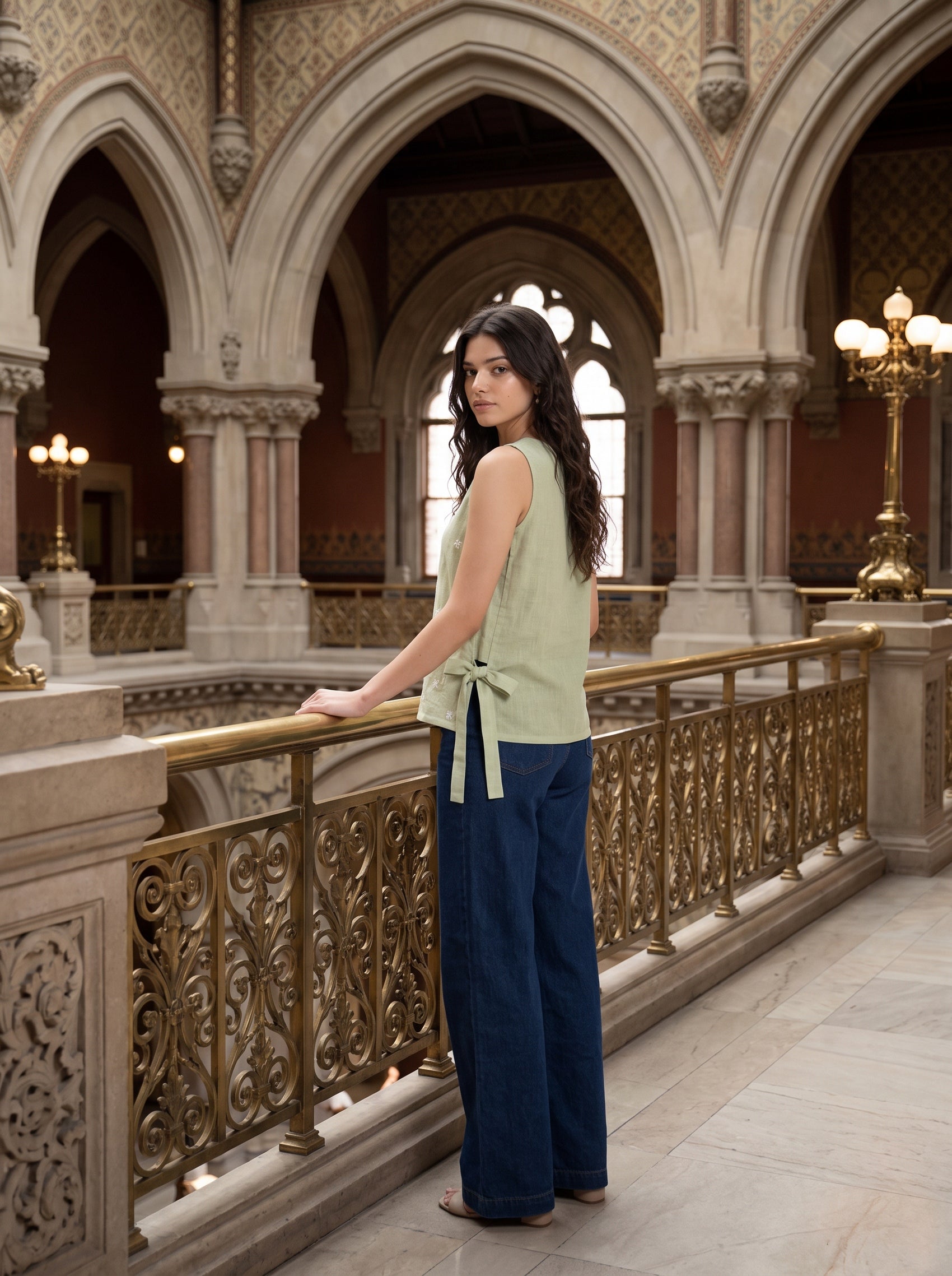 A woman stands on an indoor balcony in a grand historic building, wearing a light sage green sleeveless wrap top and dark blue wide-leg pants.