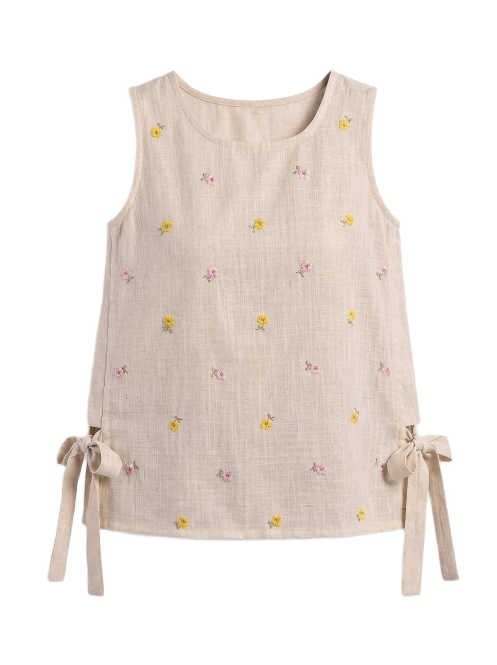 A sleeveless beige linen top with a small yellow and pink floral print, featuring side tie details at the hem, shown against a plain white background.