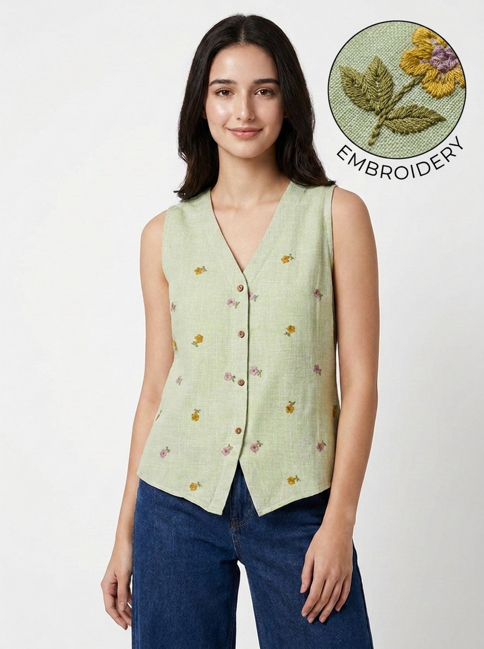 A woman wearing a sleeveless light green vest with small embroidered floral and insect motifs, paired with blue jeans. A circular inset in the top right shows a close-up of the embroidery detail with the word 'EMBROIDERY'.