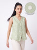 Light Sage Green Floral Embroidered Sleeveless V-Neck Button-Down Top