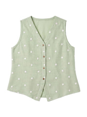 Light Sage Green Floral Embroidered Sleeveless V-Neck Button-Down Top
