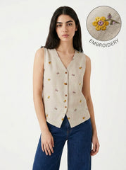 Beige Floral Embroidered V-Neck Button-Down Sleeveless Top
