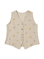 Beige Floral Embroidered V-Neck Button-Down Sleeveless Top