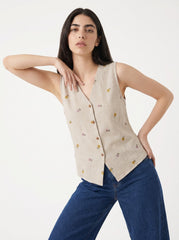 Beige Floral Embroidered V-Neck Button-Down Sleeveless Top