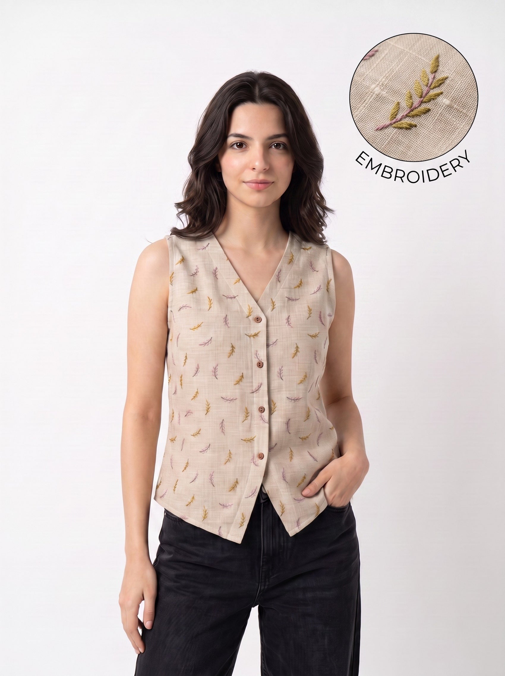 A woman modeling a sleeveless beige vest with a subtle embroidered pattern, paired with black pants, against a plain white background. An inset circle in the top right highlights the embroidery detail with the text 'EMBROIDERY'.