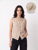 Beige Leaf Embroidered V-Neck Button-Down Sleeveless Top
