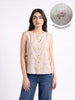 Beige Floral Embroidered Sleeveless Button-Down Top with Side Tie-Up Detail